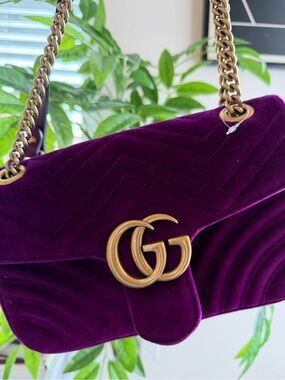 Gucci Velvet Shoulder Bag in Deep Purple with Gold Hardware